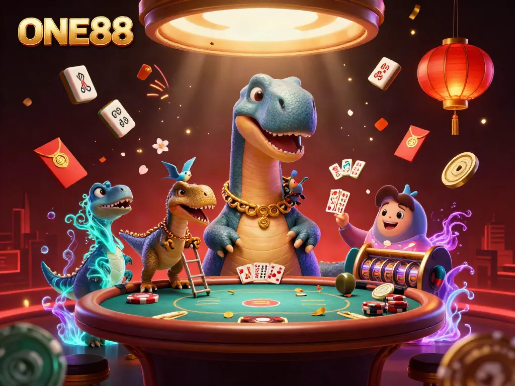 Engage with exciting casino adventures at ONE88 featuring a charming brontosaurus and playful raptor.