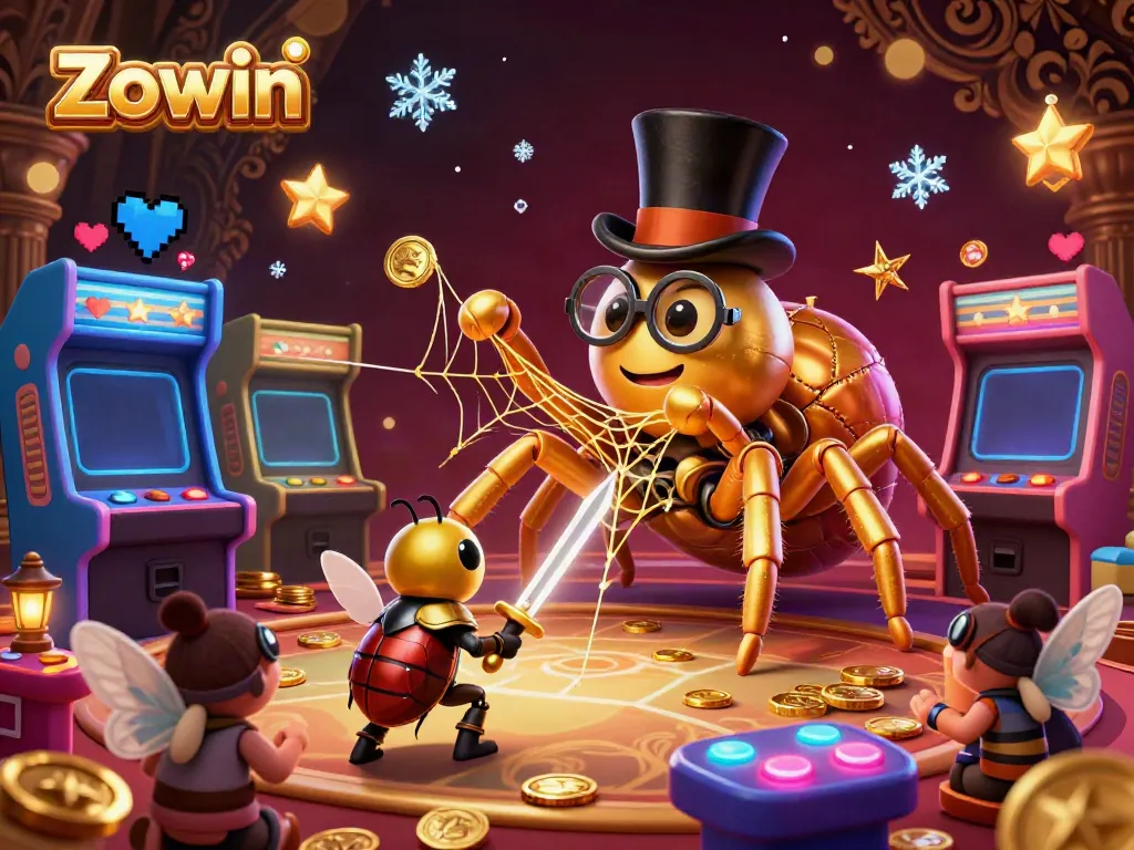 Zowin showcases a vibrant scene with a golden tarantula weaving a web in a casino setting, filled with gaming excitement.