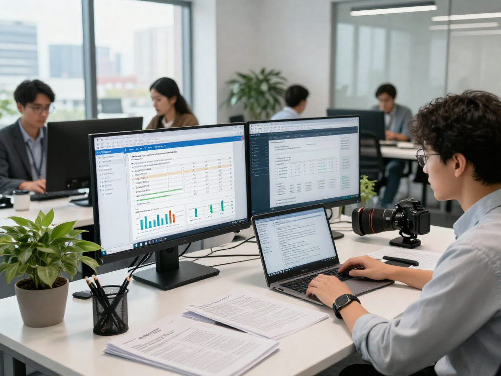 Analyst examining document fraud detection results in a modern office.