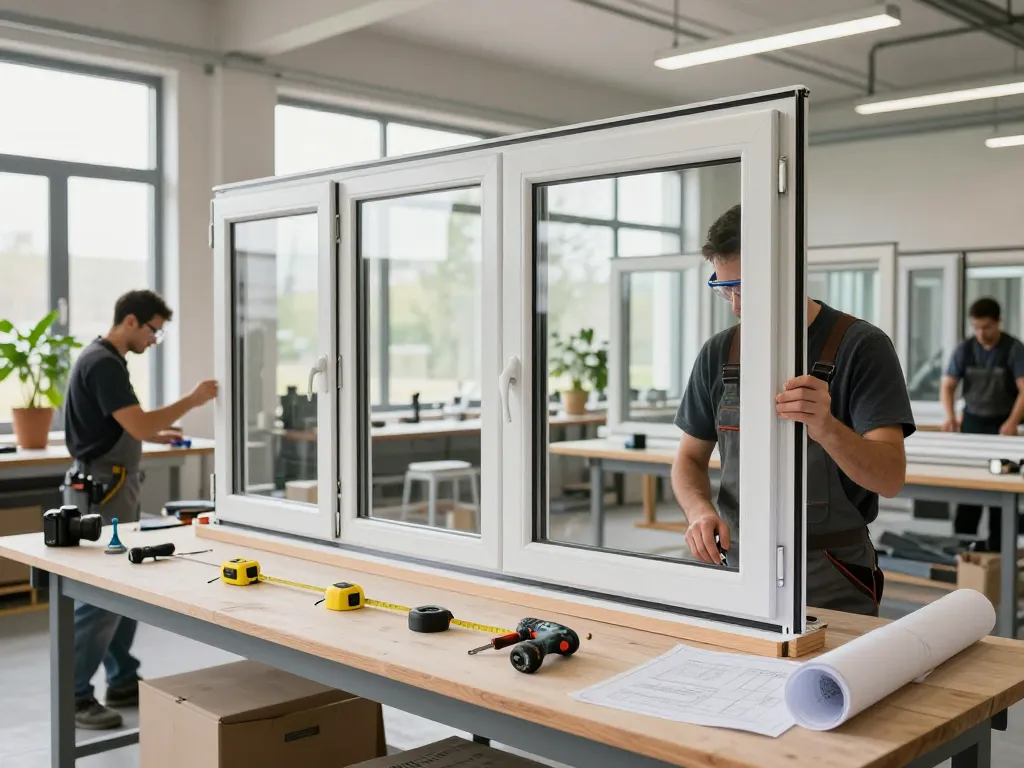 Fachkräfte installieren energieeffiziente Fenster in einer Fensterbau Köln Werkstatt.