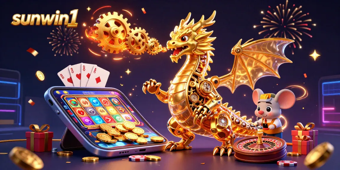 Engage with sunwin1's lively gaming scene featuring a golden dragon amidst slot games and vibrant casino elements.