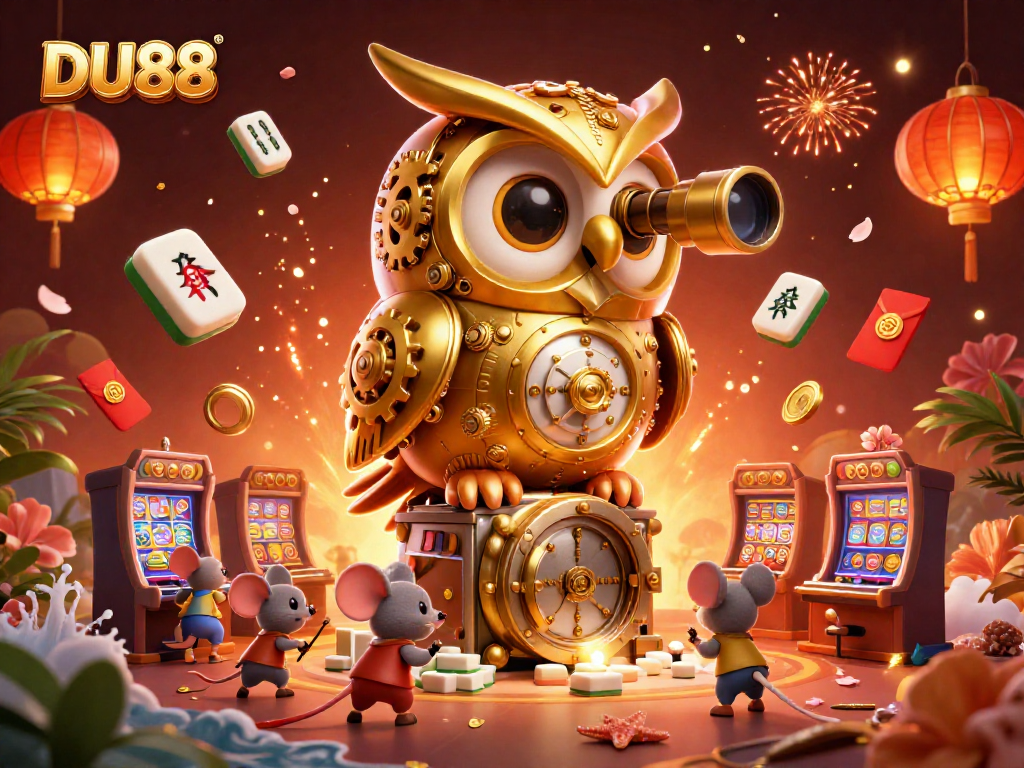 Experience DU88's thrilling casino world with a golden owl, while mini patrons enjoy dynamic gambling.