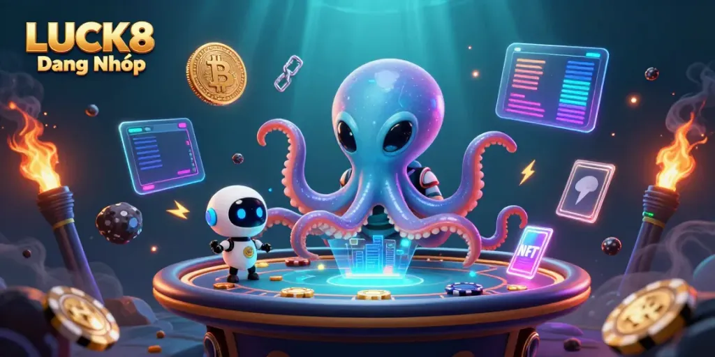 Join LUCK8 Đăng Nhập for a thrilling space poker experience with vibrant neon elements and exciting gameplay.
