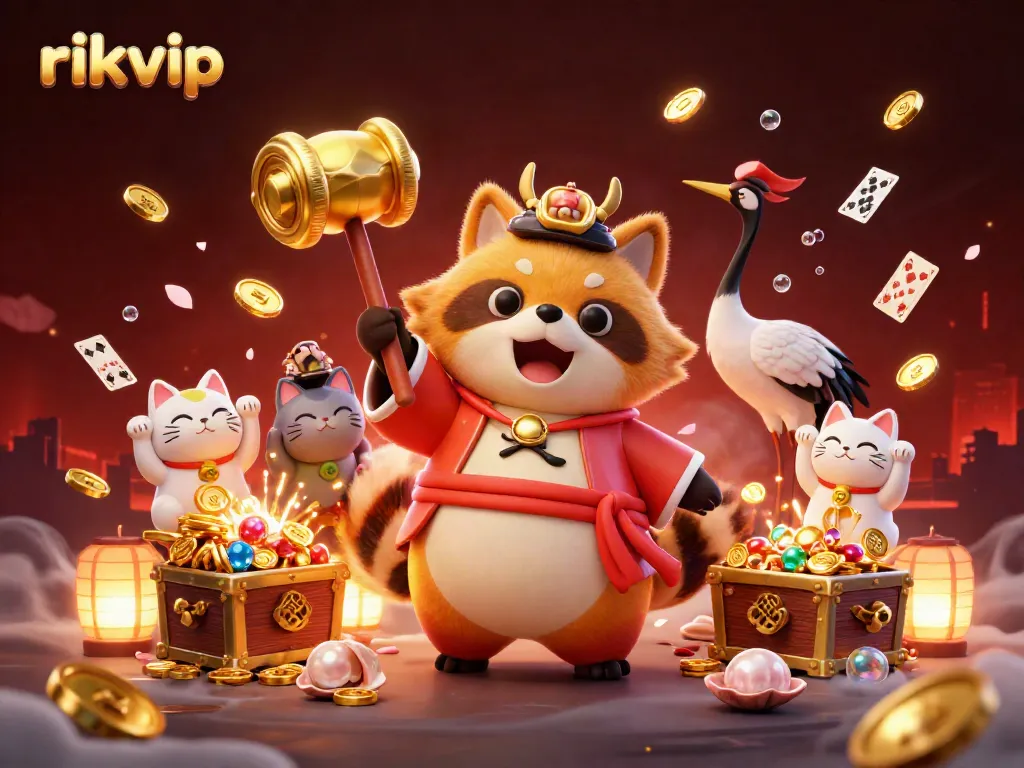 Experience vibrant gaming action at rikvip, featuring a cheerful tanuki with fortune cats, treasure elements, and dynamic casino visuals.