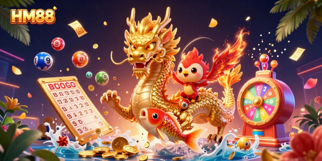 Experience thrilling wins at HM88 with a dynamic scene of a dragon, phoenix, and koi fish amidst vibrant casino elements.