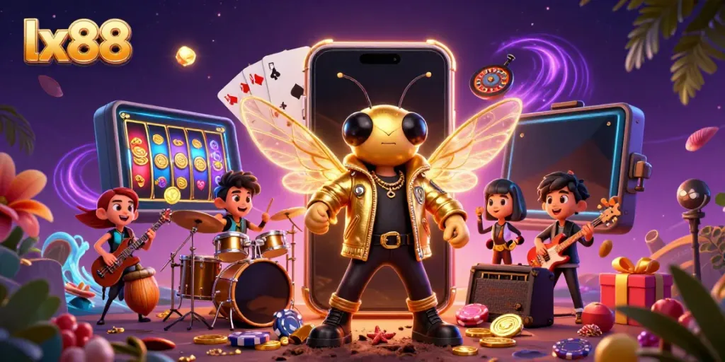 Experience the vibrant excitement at lx88 with a 3D cartoon cicada rock star and dynamic casino elements.