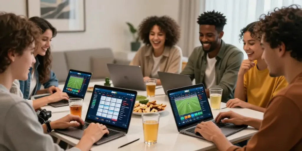 Friends enjoying a lively betting experience with the 8xbet app in a cozy home setting.