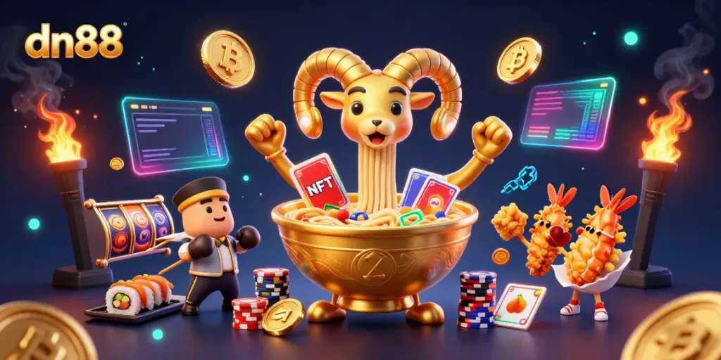 Engage in thrilling gameplay with dn88's vibrant casino illustration featuring dynamic characters and elements.