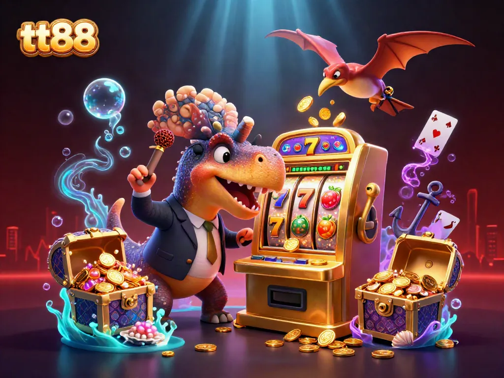 tt88 casino illustration with a prehistoric pachycephalosaurus celebrating a jackpot, adding excitement to the gaming scene.