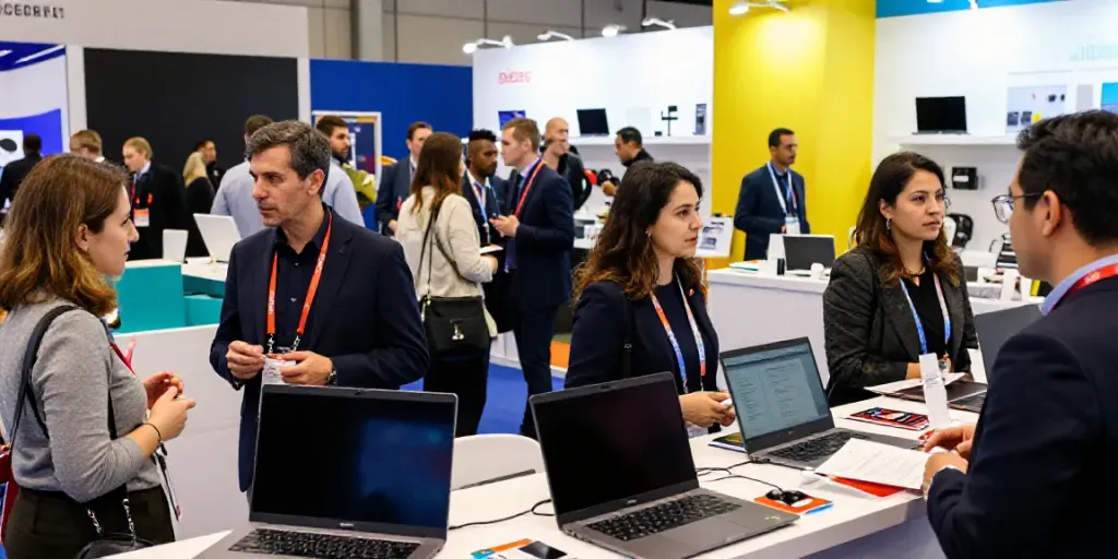 Expositores bei einer internationalen Messe, wo Menschen an Ständen interagieren.