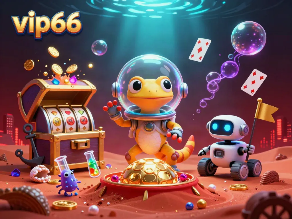 Experience the thrilling adventure of vip66 with a Martian gecko discovering a golden casino amidst colorful gems and slot machines.