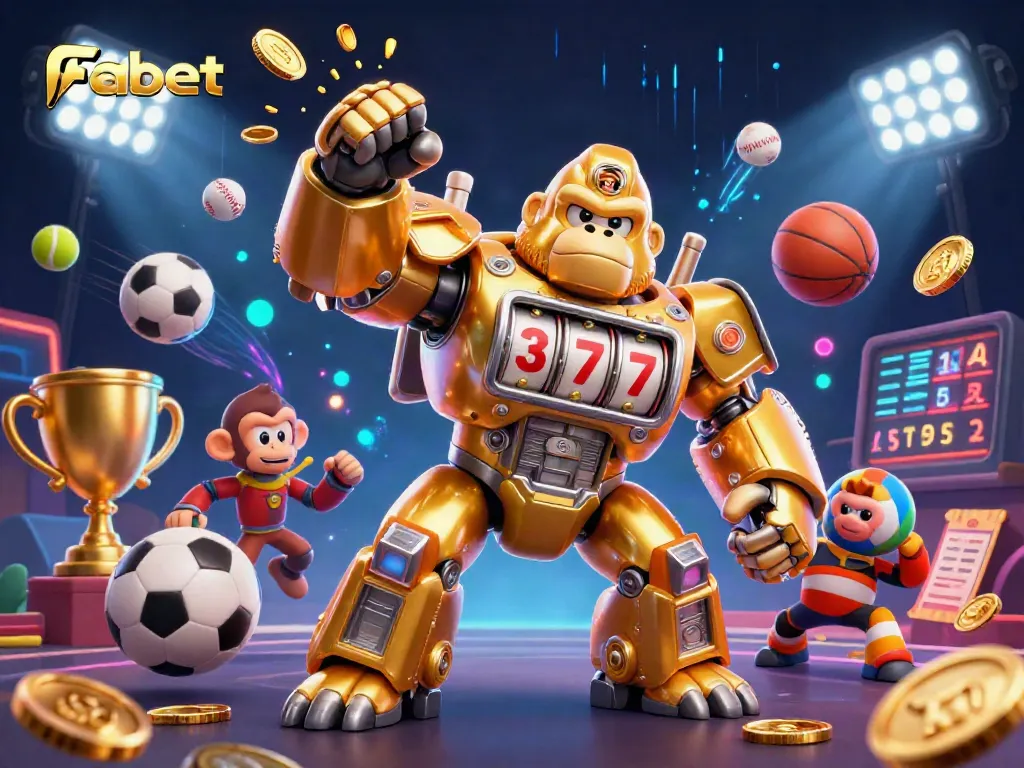 Experience the thrill of fabet with a dynamic 3D illustration of a golden gorilla mech and exploding coins.
