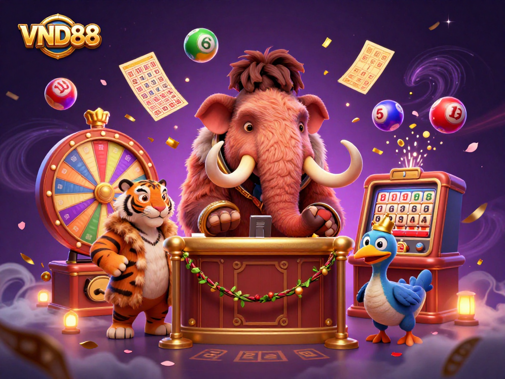 Experience the excitement of VND88 with a vibrant casino scene featuring a bouncer, VIP guest, and doorman.