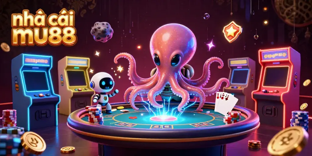 Engage in thrilling poker with nhà cái mu88's 3D cartoon alien octopus and futuristic casino elements.