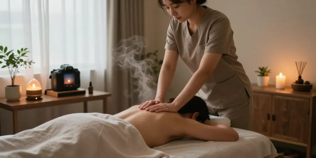 Relaxation massage experience highlighting 구로출장마사지 services in a soothing studio.
