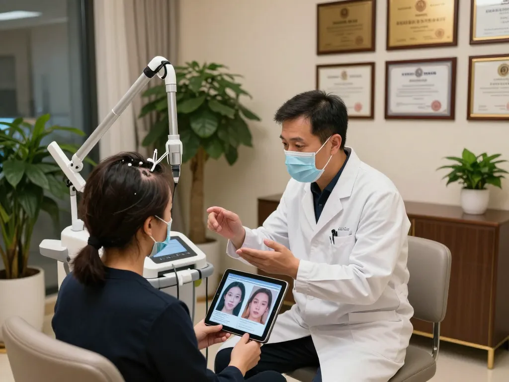 Konsultation in einer Haartransplantation Türkei Klinik mit einem Chirurgen und einem Patienten, die Optionen und Behandlungen besprechen.