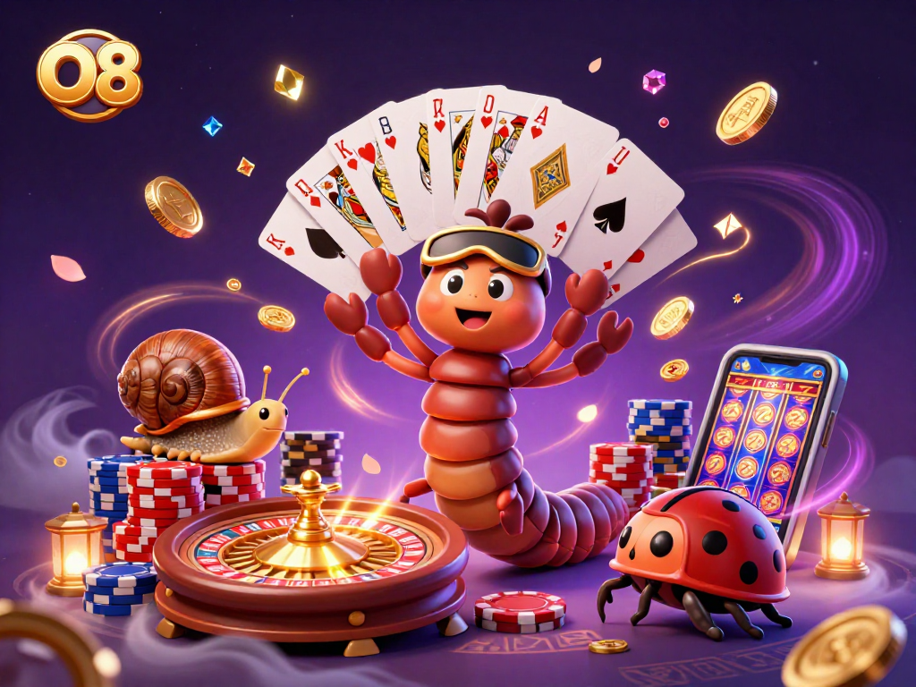 Experience O8's casino magic with a cartoon dealer and high-roller in vibrant 3D art.
