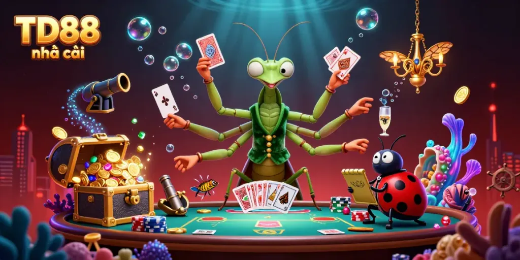 Engaging scene featuring TD88 nhà cái with a giant mantis card sharp and ladybug pit boss amidst an underwater casino.