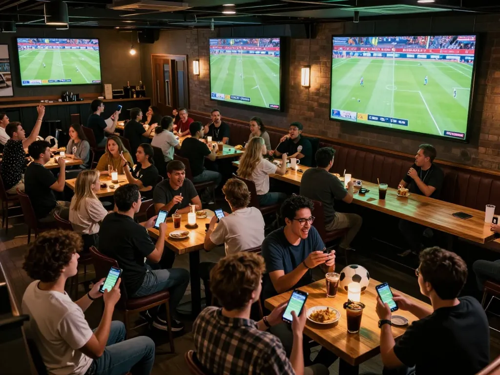 Socolive TV viewers watching live football matches and placing bets in a lively sports bar atmosphere.
