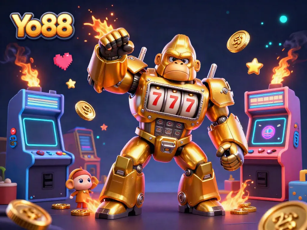 Yo88's golden gorilla mech celebrates with slot machine elements, showcasing excitement and gaming jackpot.
