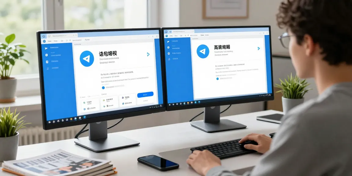 Setting up Telegram中文 interface in a modern workspace with dual monitors.