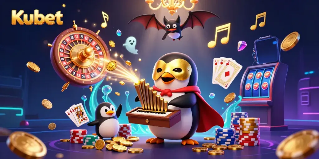 Kubet showcases a vibrant 3D casino scene featuring a penguin at an organ, bursting with golden coins and poker elements.
