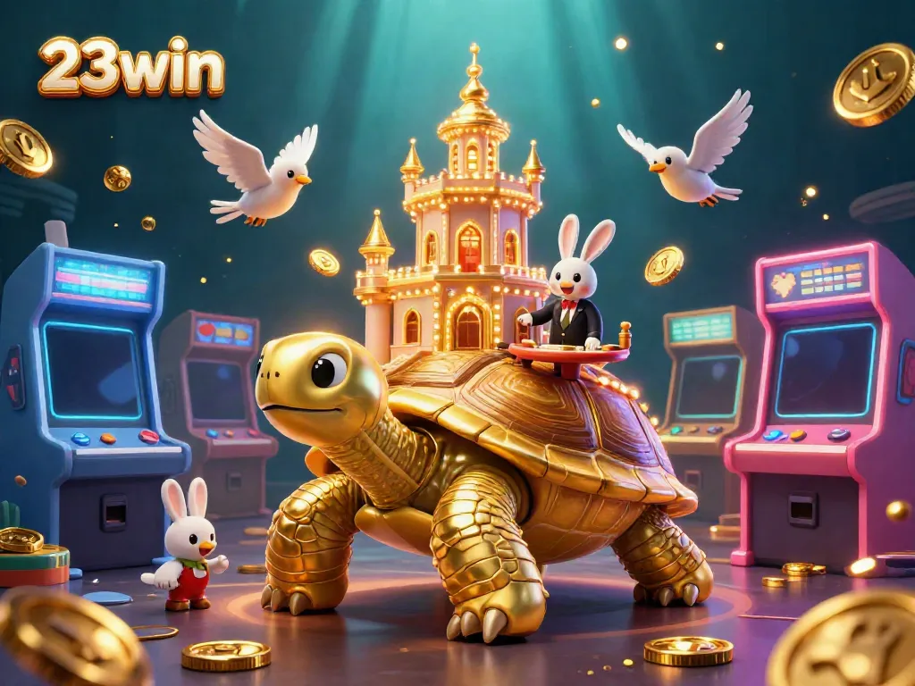 Experience the excitement of 23win with a vibrant casino scene featuring a golden tortoise and dealer.