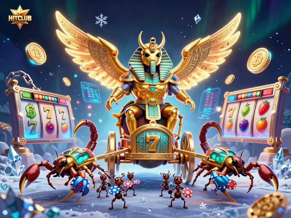 Experience thrilling jackpots with HITCLUB's vibrant 3D illustration showcasing dynamic slot elements and golden characters.