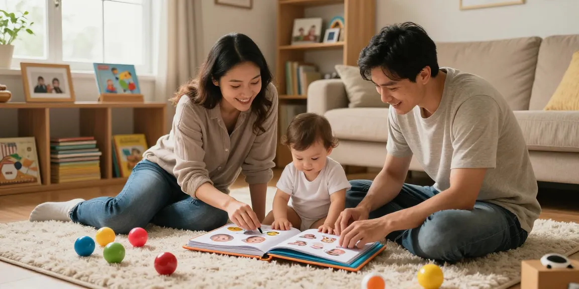 Freudige Momente einfangen, während Babyalbum kaufen in einem gemütlichen Wohnzimmer mit Familienerinnerungen.