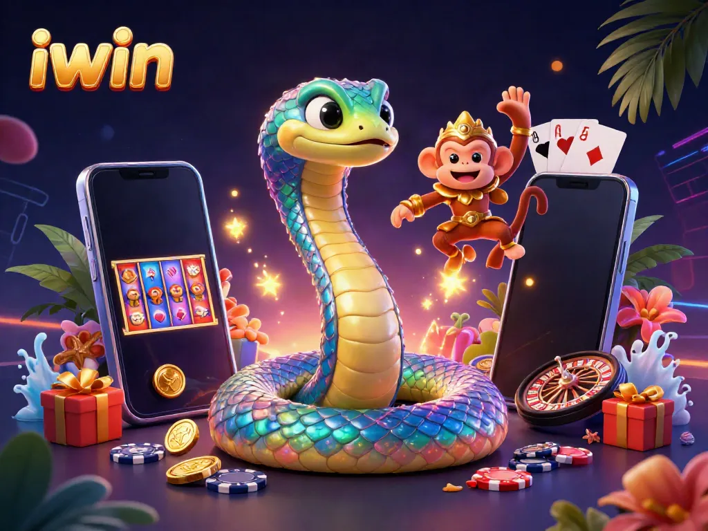 Immerse in iwin's colorful slot adventures with a vibrant rainbow serpent and playful characters.