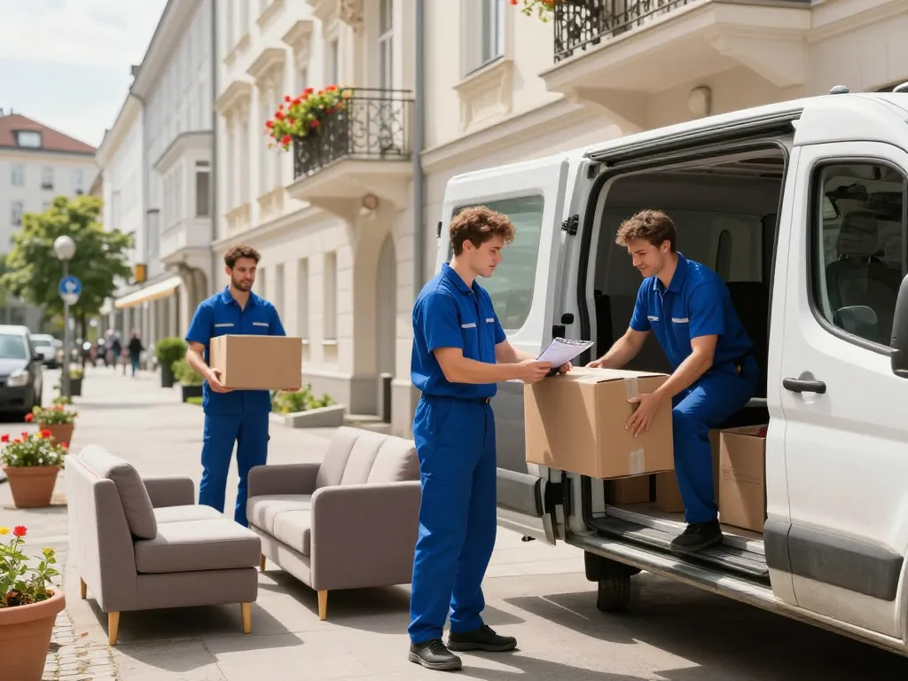 Räumung Wien Team entlädt Gegenstände professionell aus einem Transporter in einem sonnigen Wohngebiet.