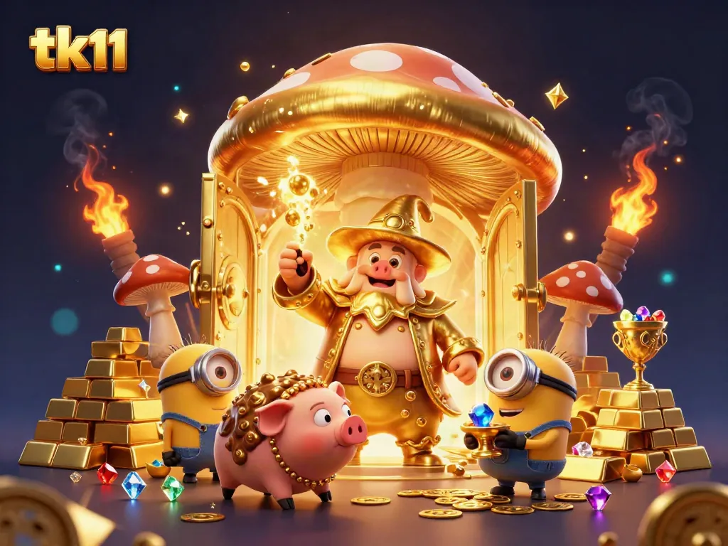 Play tk11 with a magical golden mushroom wizard and treasure-filled scene full of gems.