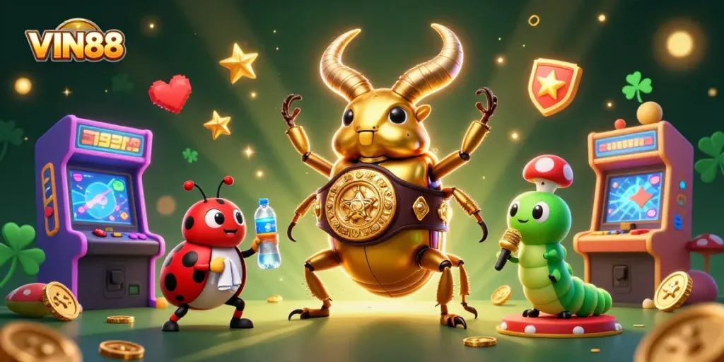 VIN88 features a giant golden stag beetle and a ladybug in an exciting casino scene filled with arcade elements.