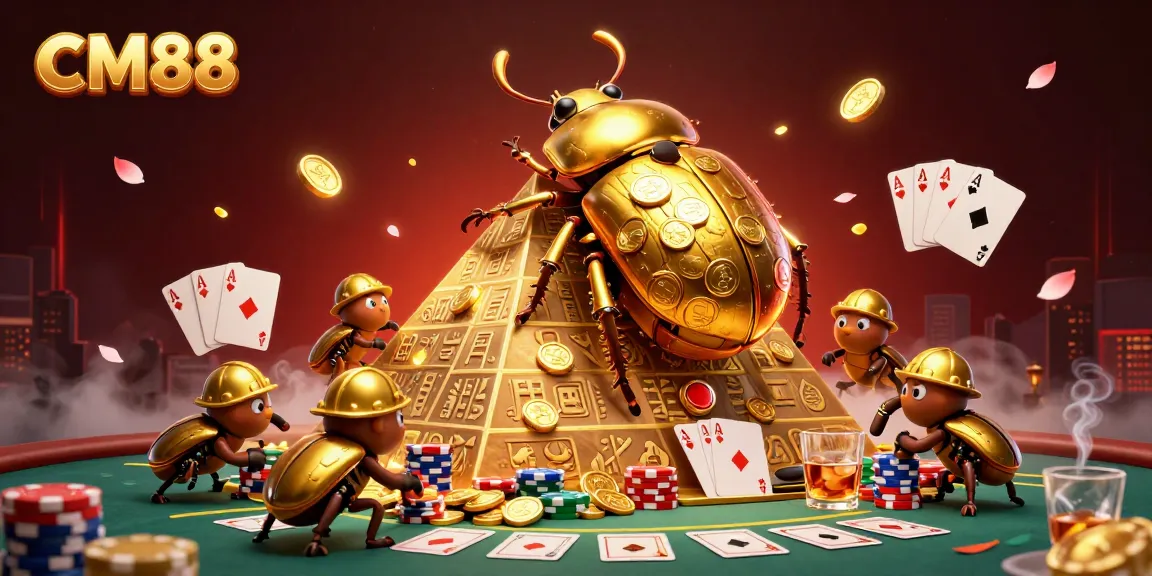 Experience excitement at CM88 with a golden beetle rolling coins amidst vibrant casino elements.