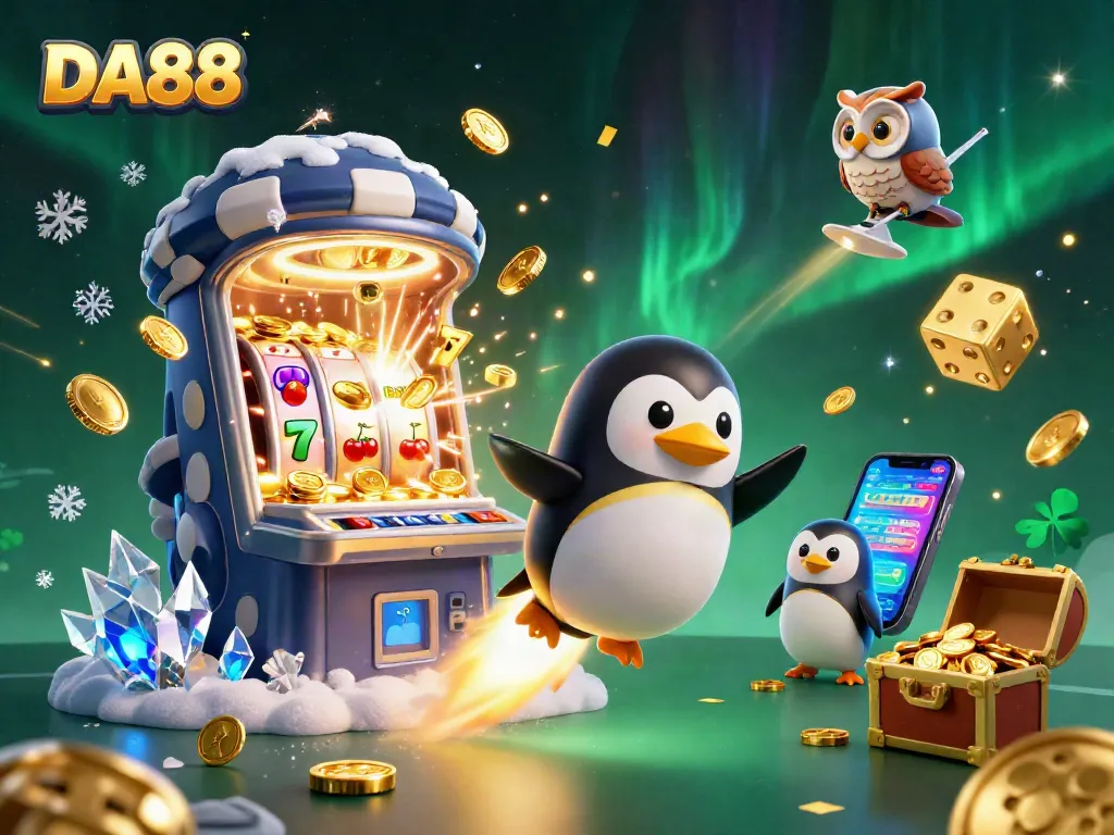 Experience the exciting world of DA88 with a casino rocket-powered penguin exploring vibrant gaming adventures.