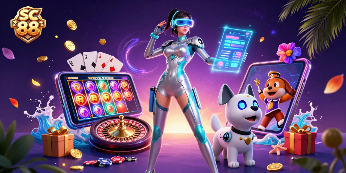 Engage with sc 88 through a vibrant 3D casino scene showcasing games and futuristic design elements.