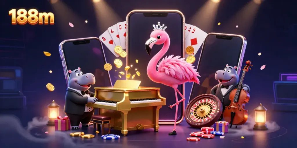 Experience the thrilling gaming atmosphere at 188m with vibrant characters and casino elements.