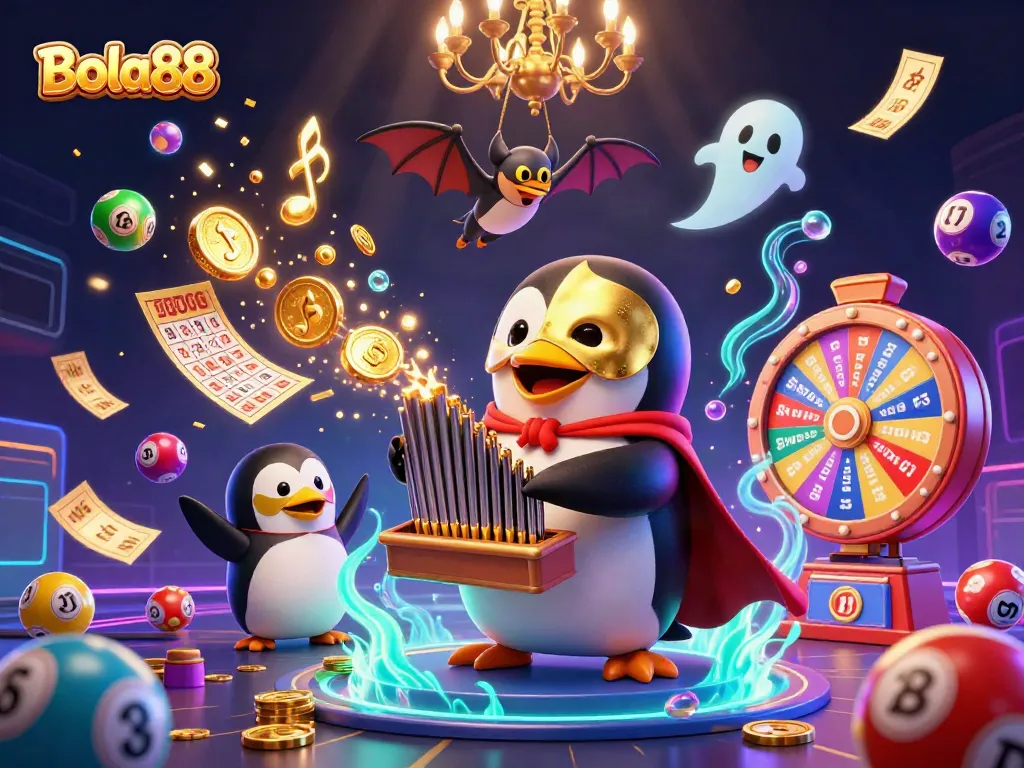 Bola88 promotes excitement with a 3D penguin playing an organ showering coins amidst vibrant lottery elements.