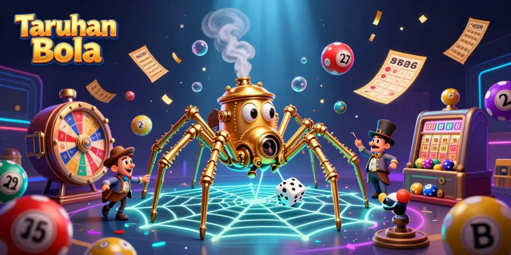 Engage in Taruhan Bola with a vibrant scene of a steampunk spider and casino elements.