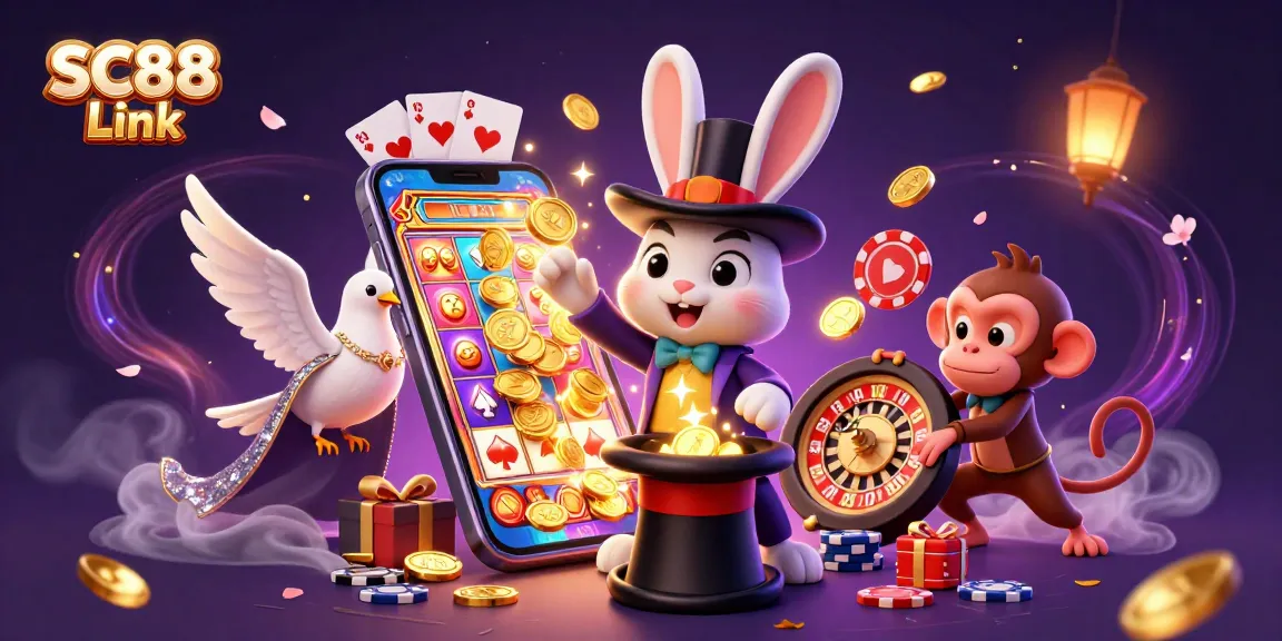 Engage with the exciting SC88 Link showcasing a magical rabbit pulling golden coins amidst casino games.
