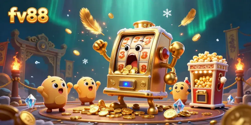 Experience fv88 excitement as a golden slot machine hits a jackpot with cheering machines.