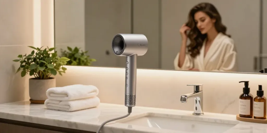 Eleganter Laifen Föhn auf einer modernen Marmortheke im Badezimmer, umgeben von Handtüchern und Pflanzen.