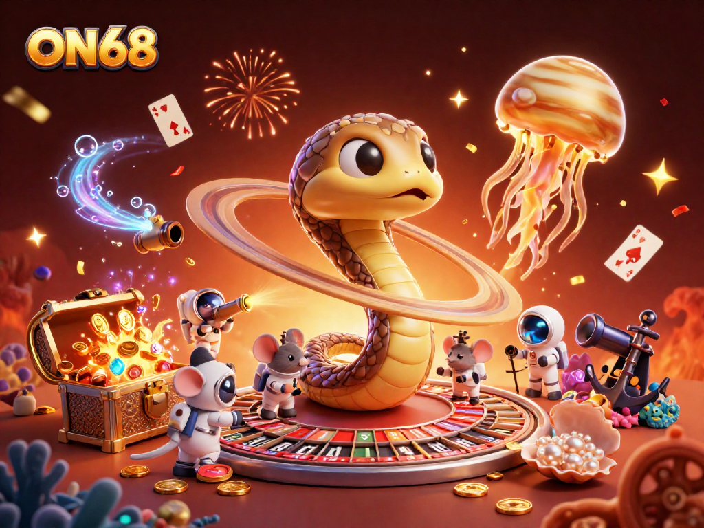Engage with ON68's thrilling casino experience featuring playful astronauts in a roulette scene.