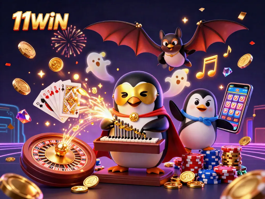 Experience thrilling casino action at 11WIN with a cartoon penguin playing a pipe organ and cascading coins.