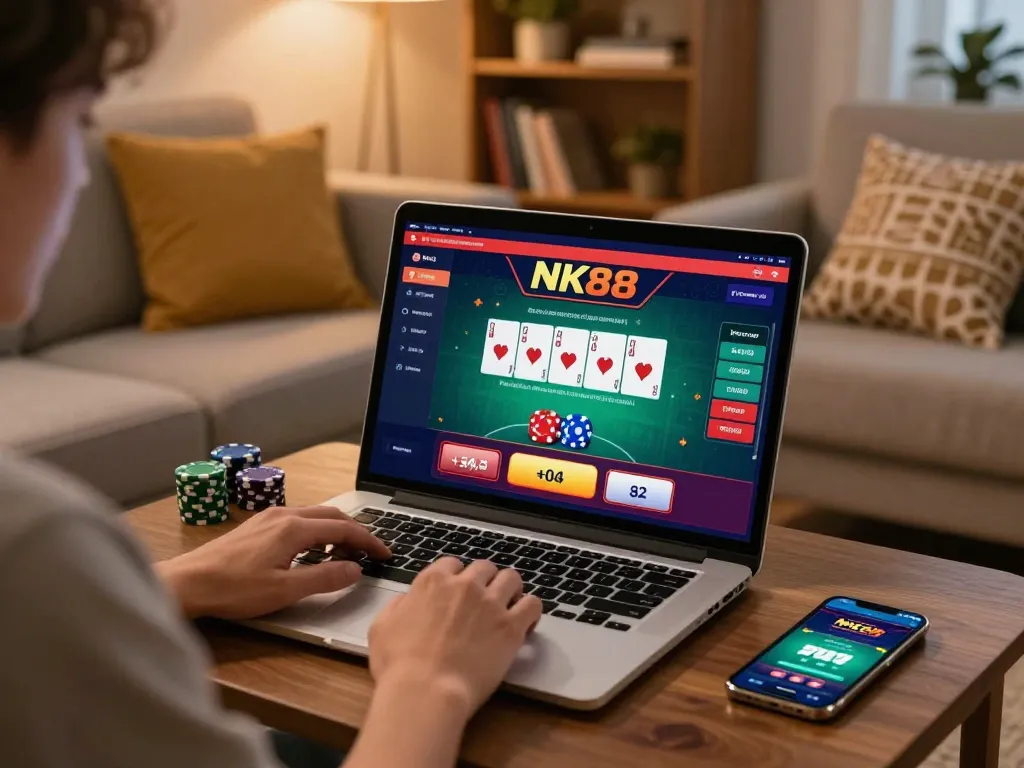 Player engaging in NK88 online casino gaming from a cozy home setup with poker cards visible