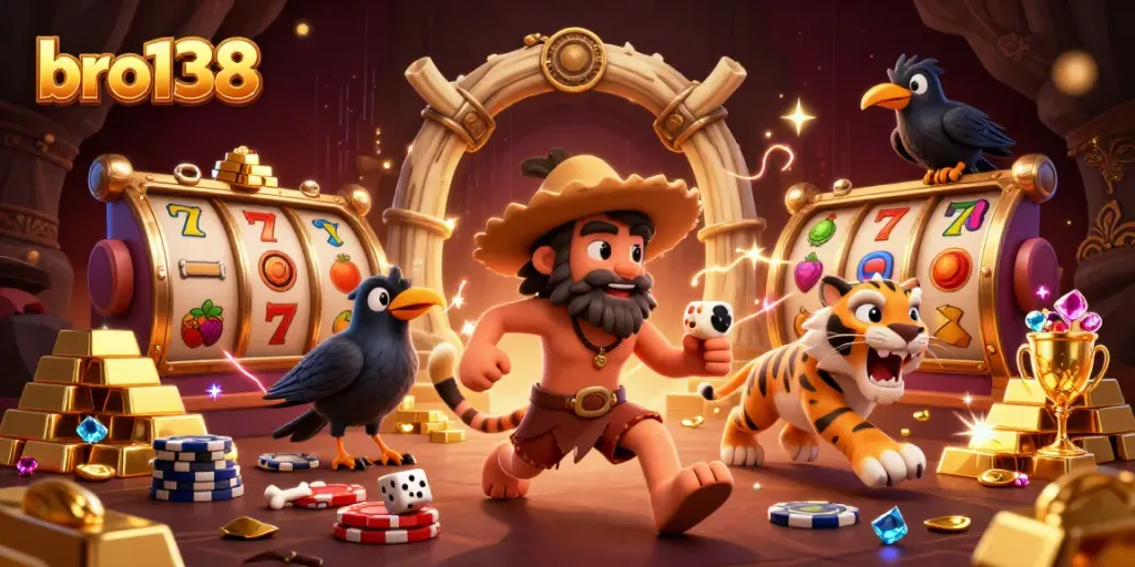 Experience the thrill of bro138 with a vibrant prehistoric casino scene featuring characters and exciting slot elements.