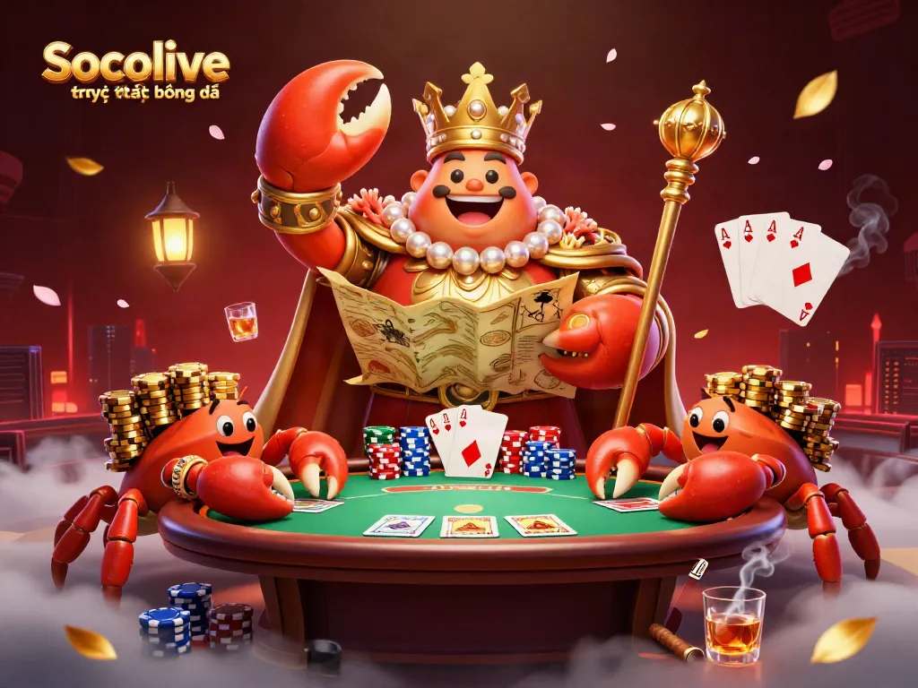 Experience Socolive trực tiếp bóng đá with a vibrant scene featuring a golden crab emperor and poker elements.