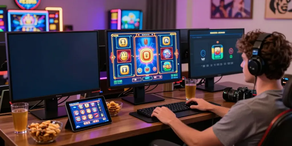 Exciting judi slot online gaming scene with vibrant graphics and cozy setup.
