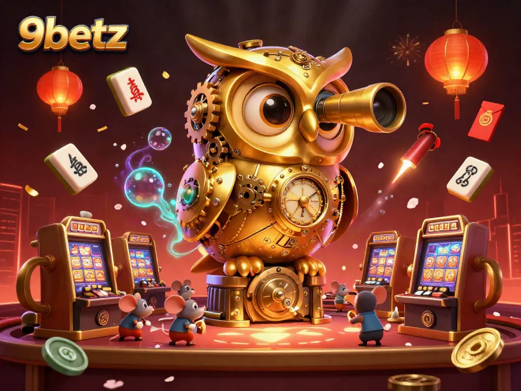 Experience the vibrant action of 9betz in a dynamic casino scene filled with playful characters and festive elements.