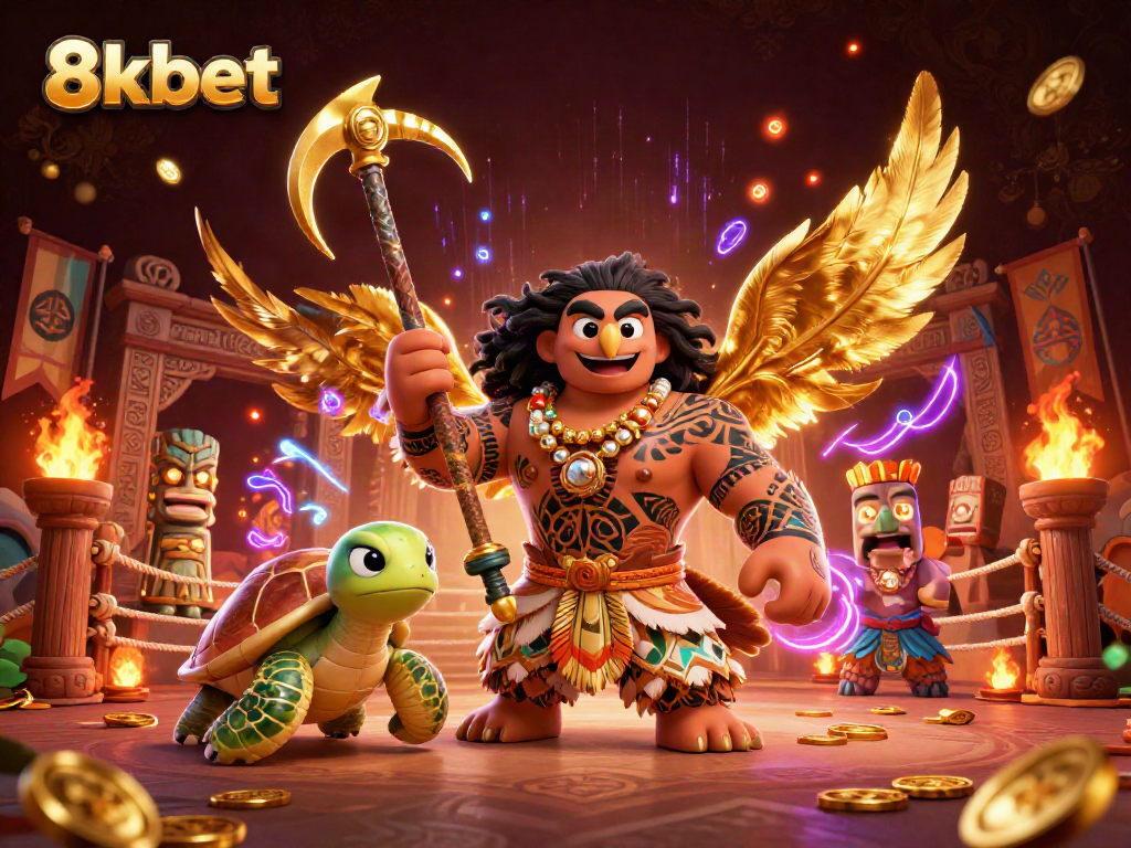 Immerse in the excitement of 8kbet with a vibrant scene of a demigod hawk and turtle amidst casino elements.